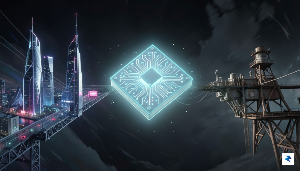 A conceptual digital artwork showing a glowing, high-tech silicon wafer&hellip;