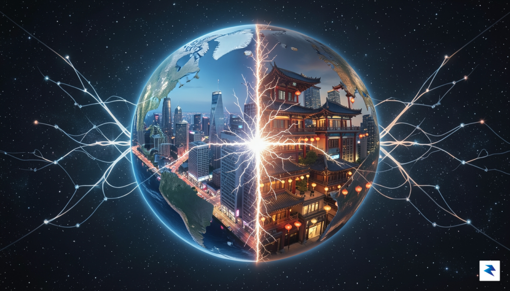 A conceptual digital illustration showing a globe split down the&hellip;