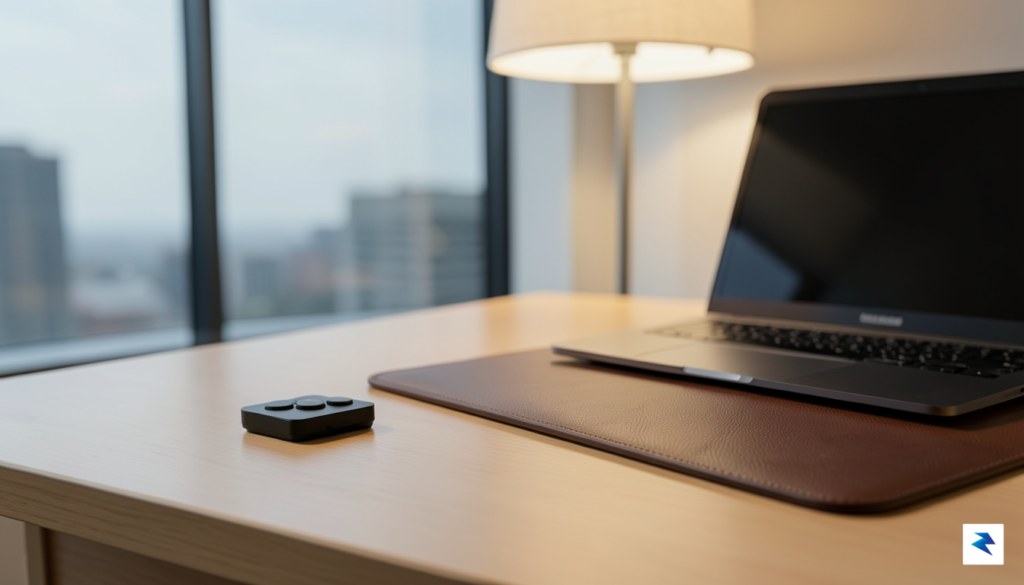 A sleek, modern desk setup featuring a small, matte-black three-button&hellip;