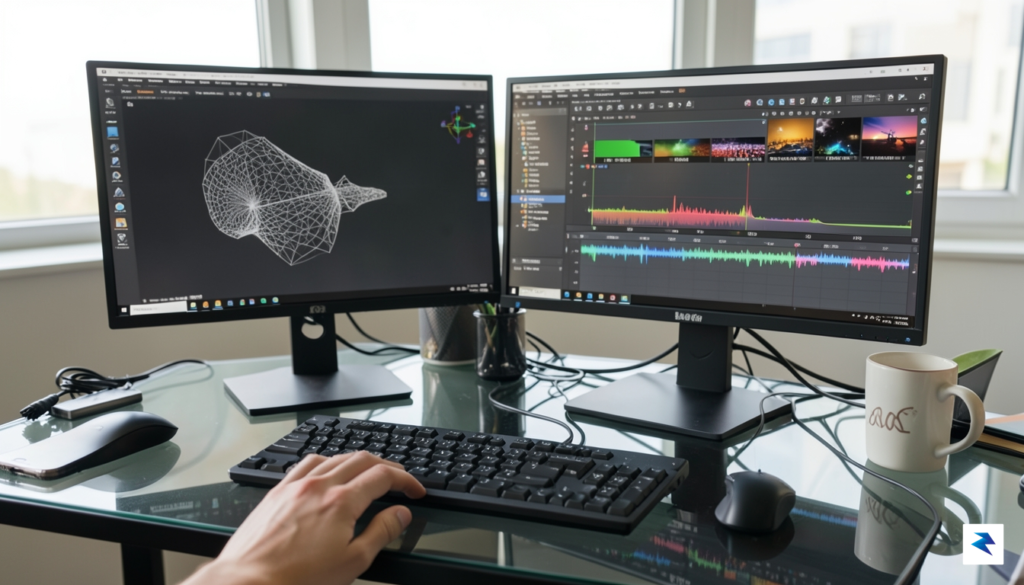 A close-up, high-resolution shot of a modern, cluttered dual-monitor workstation&hellip;