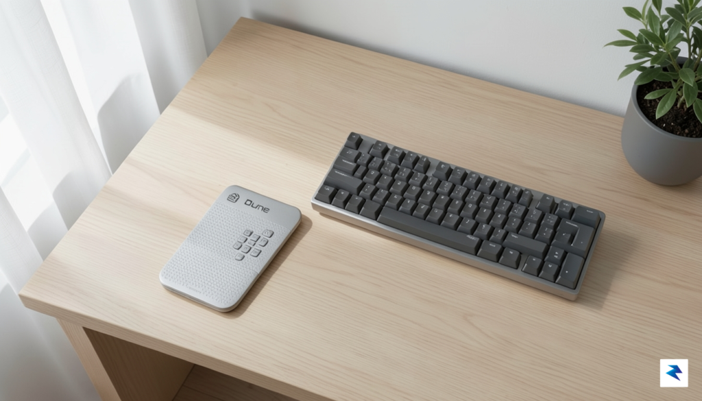 A top-down, high-quality photograph of a minimalist desk setup featuring&hellip;