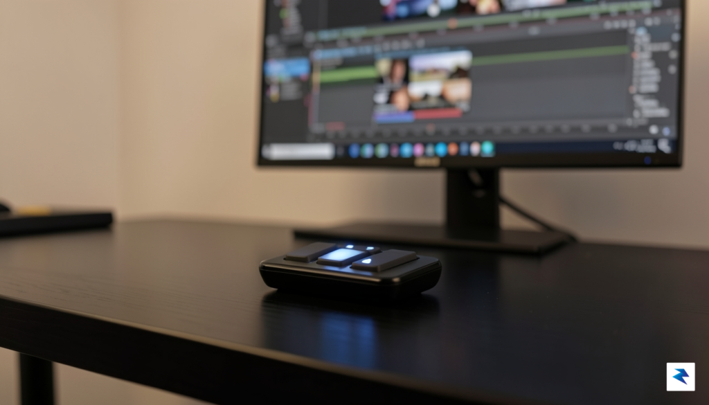 A close-up, high-quality photograph of a sleek, minimalist desk setup&hellip;