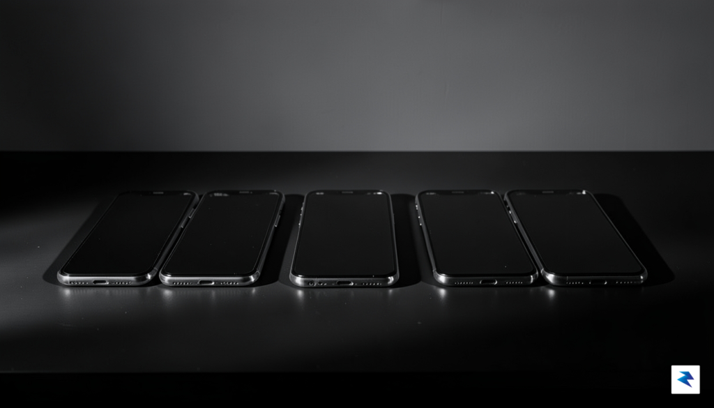 A conceptual, high-contrast photograph showing a row of identical, sleek…