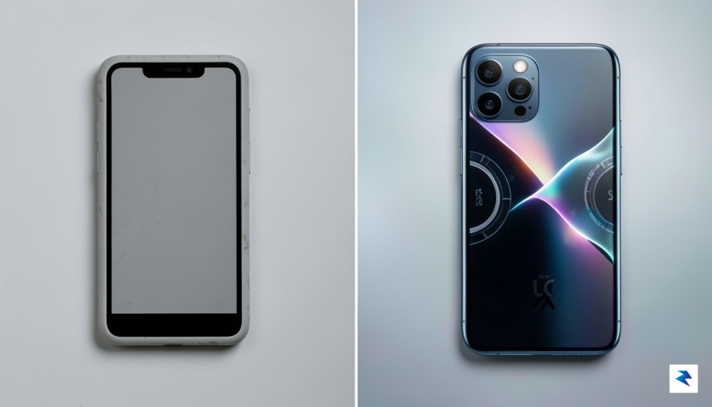 A conceptual split-screen image showing a minimalist, early-model smartphone on…