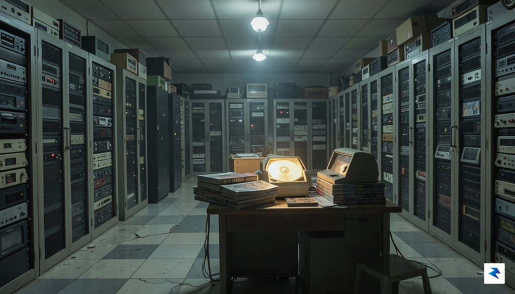 A dimly lit, atmospheric professional game archive room filled with&hellip;