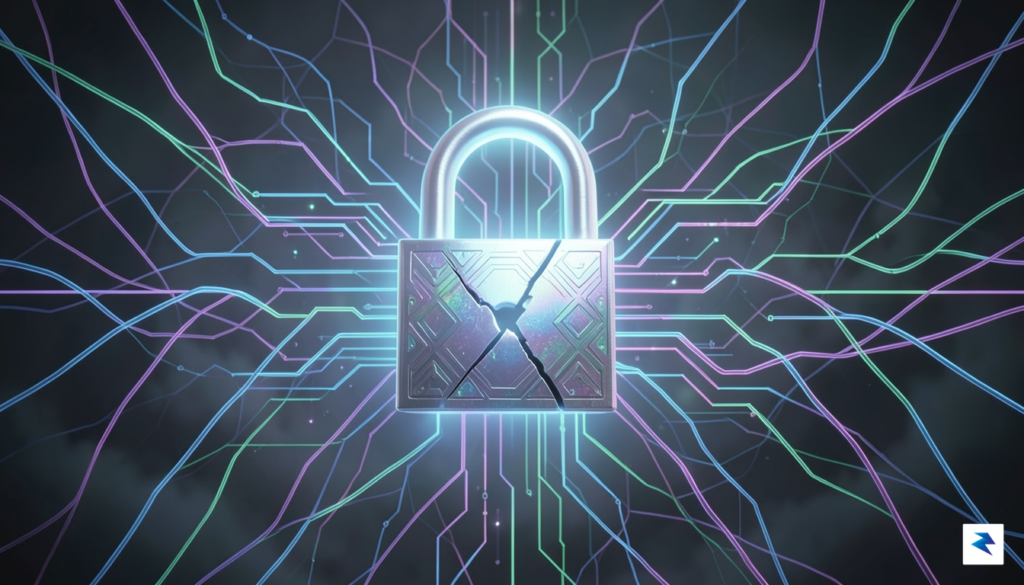 A conceptual digital illustration showing a glowing, locked padlock at…