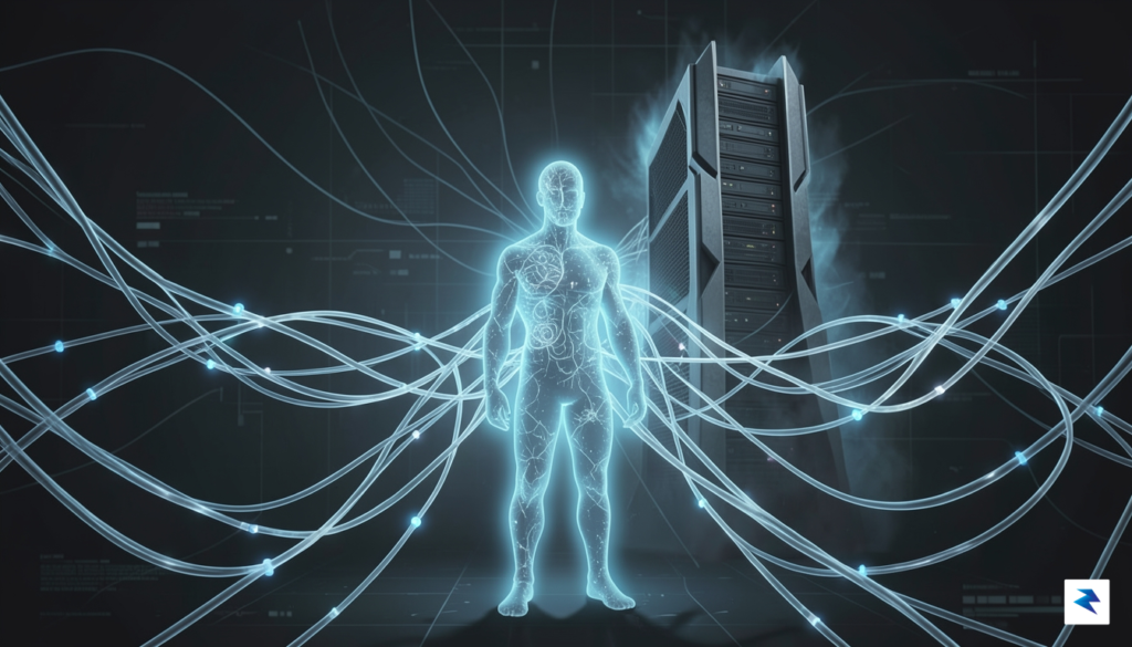 A conceptual digital illustration showing a glowing human silhouette connected…