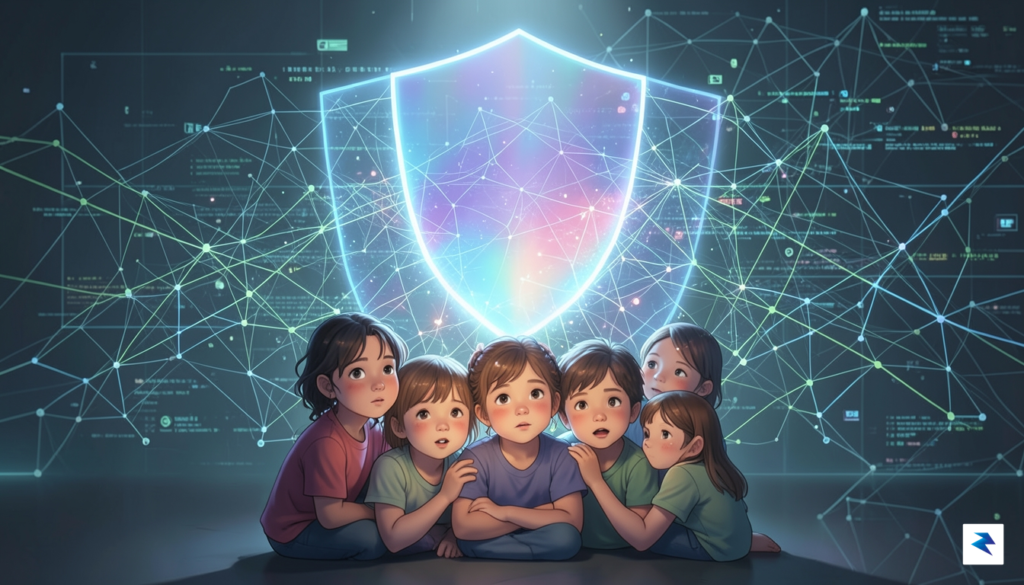 A conceptual digital illustration showing a glowing, protective shield over…