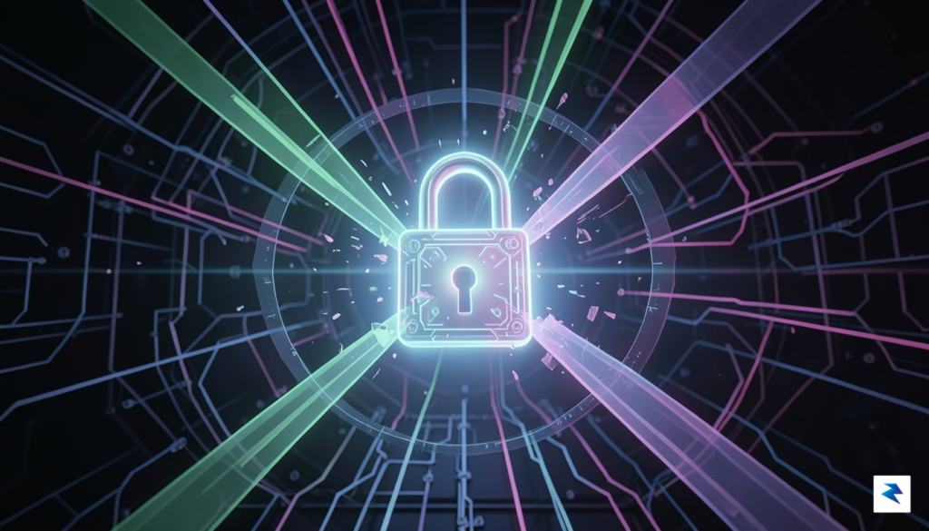 A conceptual digital art piece depicting a glowing digital lock…