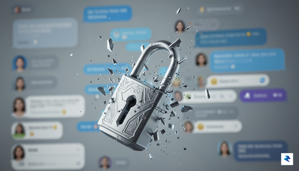 A digital lock breaking apart into tiny fragments, superimposed over…