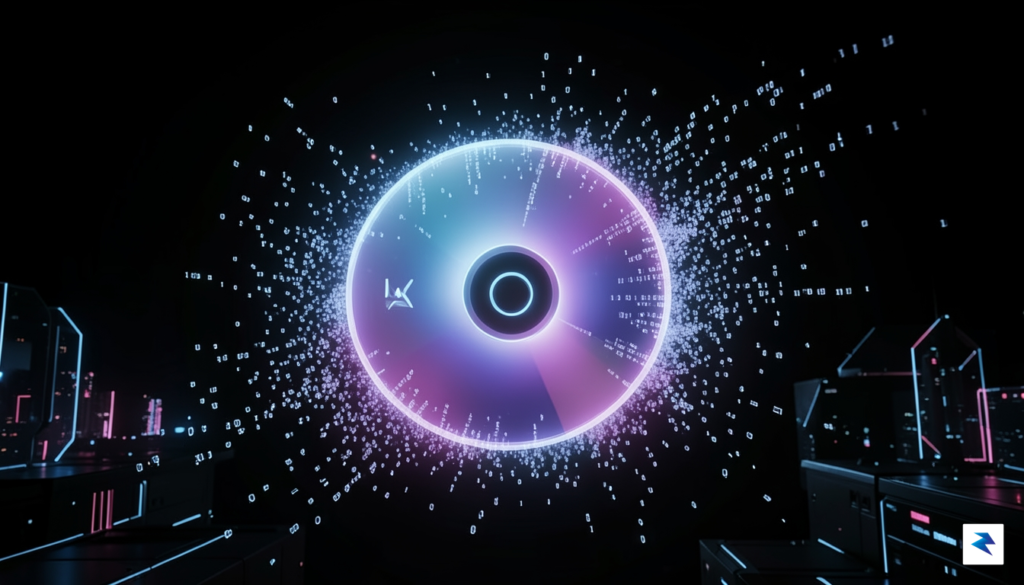 A conceptual digital art piece showing a glowing, translucent game…
