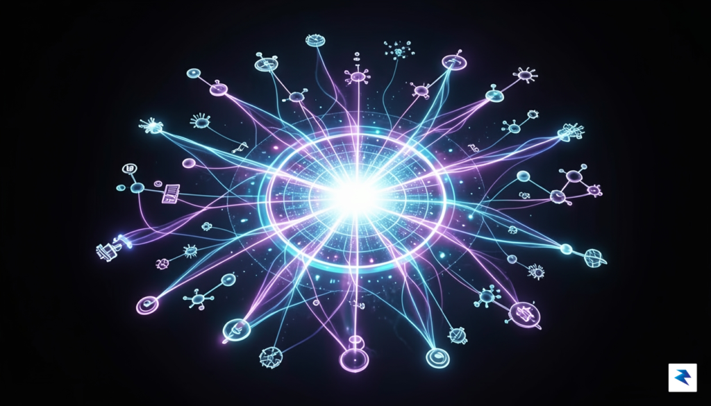 An abstract digital visualization showing a massive, glowing central data…