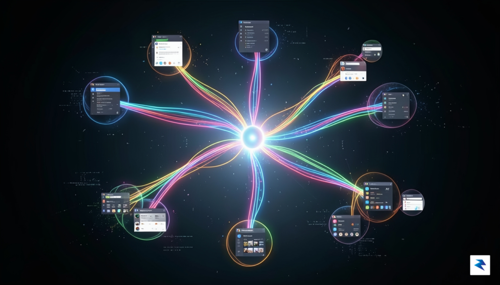 A conceptual digital illustration showing a glowing, multi-colored data flow…