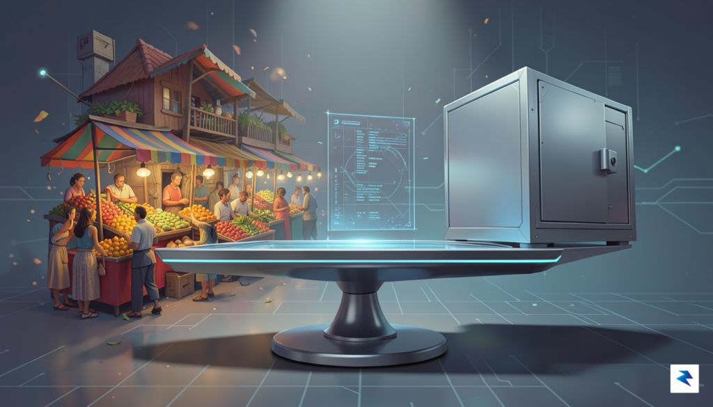 A conceptual illustration showing a digital scale balancing a vibrant,…