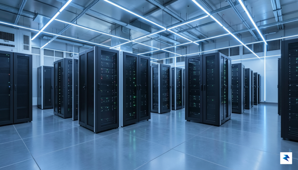 A modern, high-tech server room with glowing blue light pipes,…