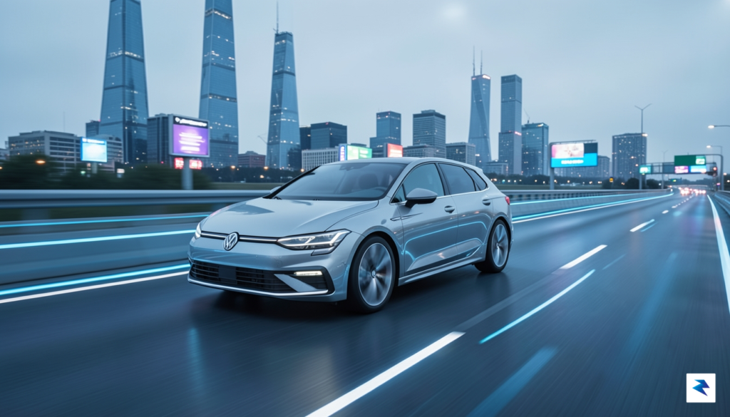 A sleek, modern Volkswagen concept car driving on a futuristic&hellip;