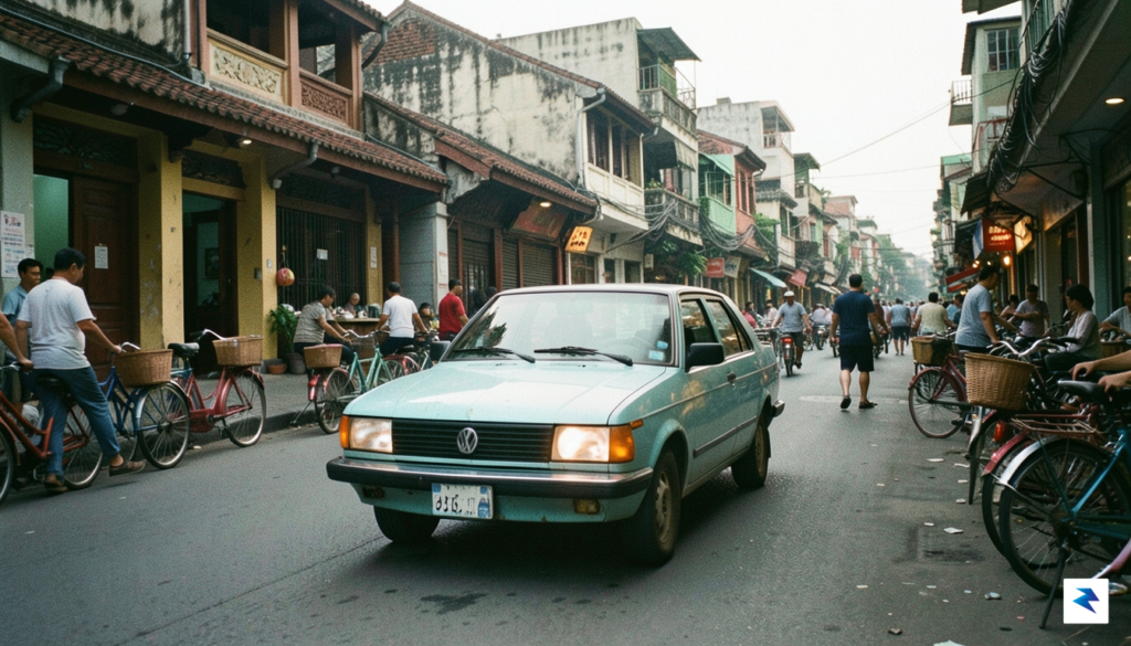 A vintage 1980s photograph of a Volkswagen Santana driving through&hellip;