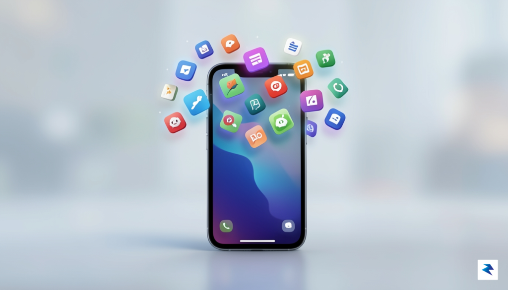A conceptual digital illustration showing a smartphone screen with multiple…