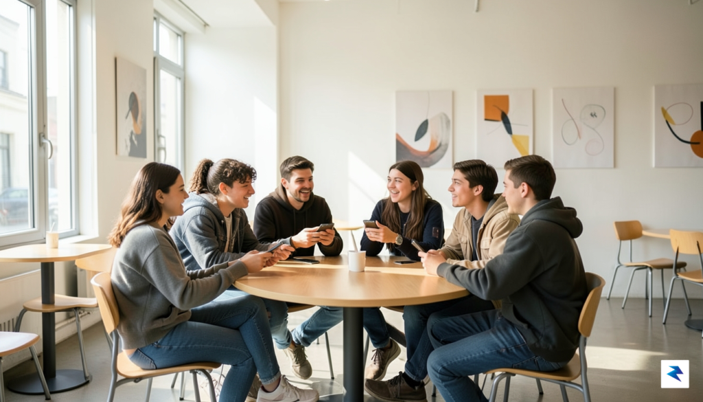 A modern, diverse group of teenagers sitting together in a&hellip;