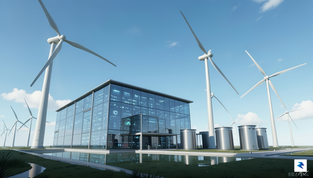 A conceptual illustration of a futuristic data center integrated with…