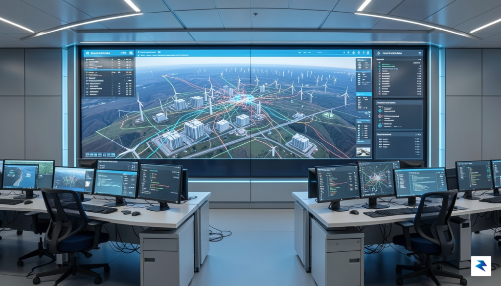 A modern, high-tech command center showing a digital map of…