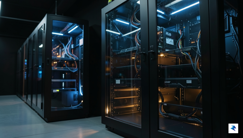 A close-up, cinematic shot of high-performance GPU server racks glowing…