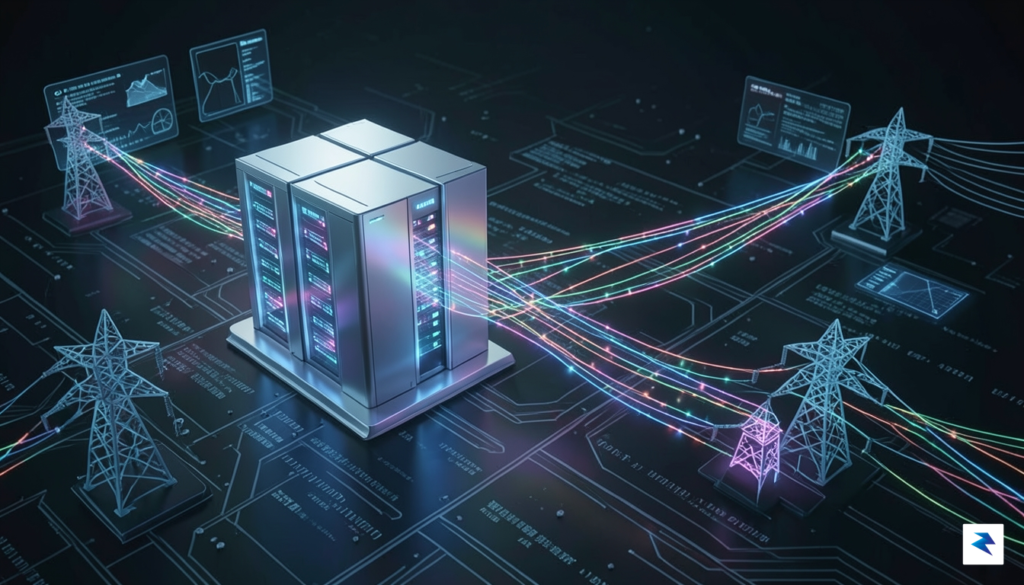 A conceptual digital illustration showing a glowing, futuristic data center…