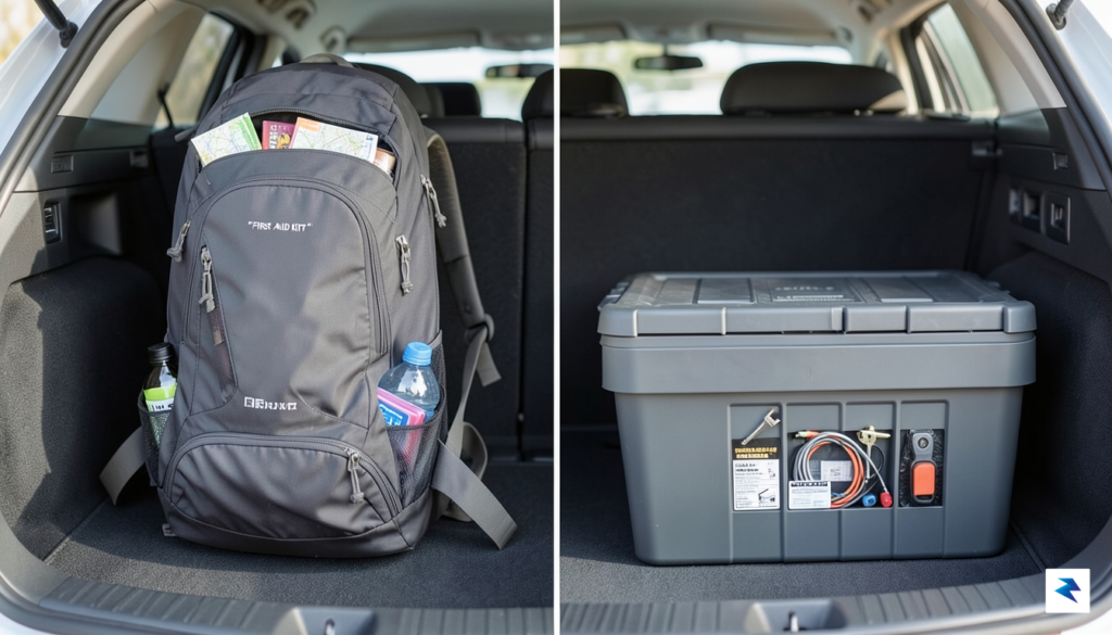 A side-by-side comparison photograph showing a compact, high-performance hiking backpack…