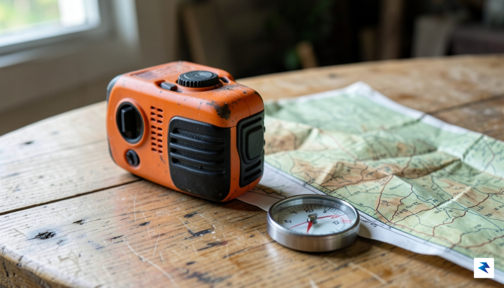 A high-quality, close-up shot of a rugged, orange hand-crank emergency…