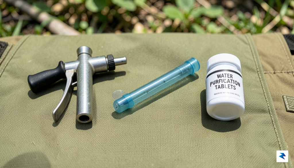 A flat-lay photograph of various emergency water filtration tools, including…