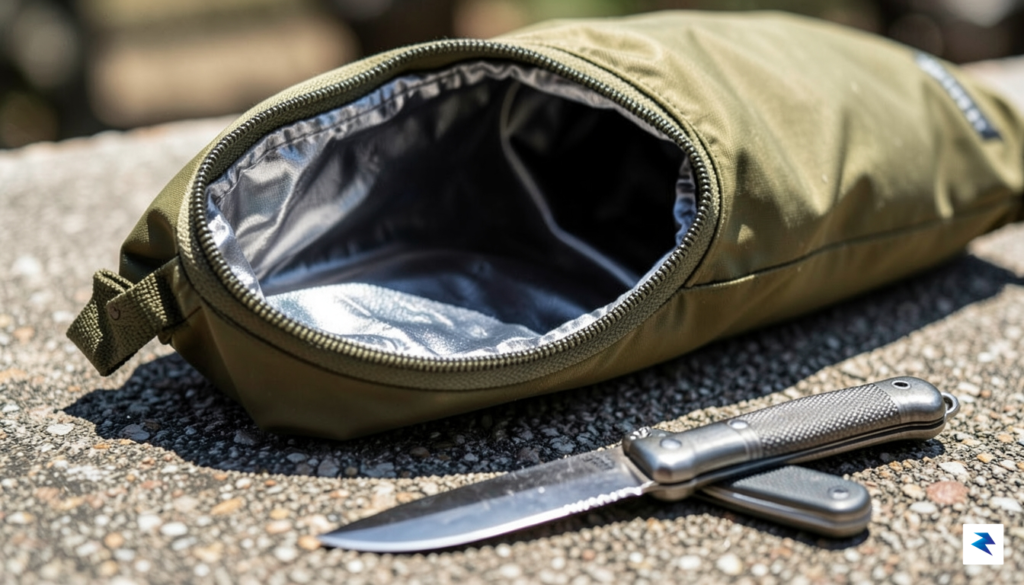 A close-up, high-detail shot of an emergency bivy sack being…
