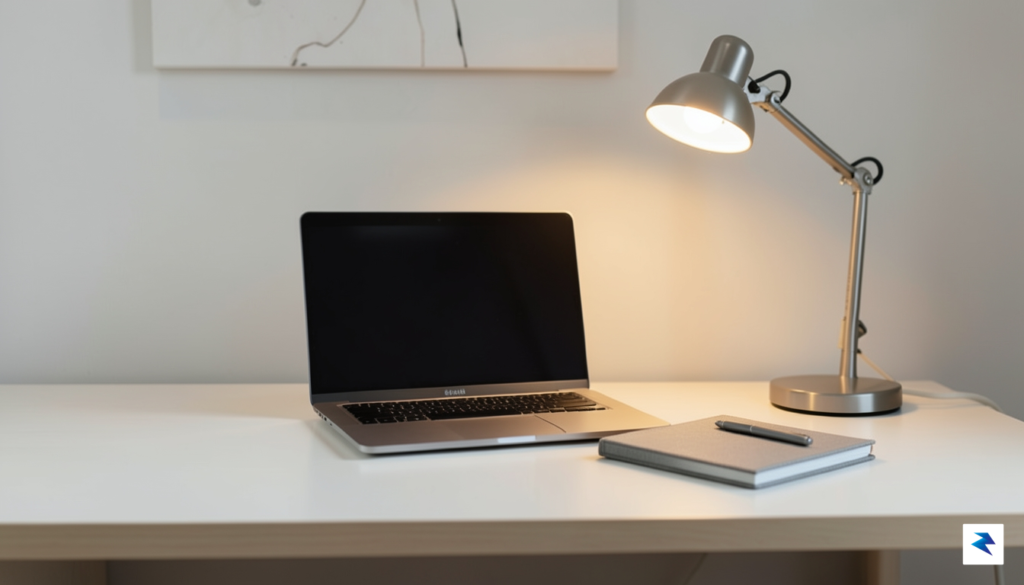 A clean, minimalist desk setup featuring a single laptop, a…