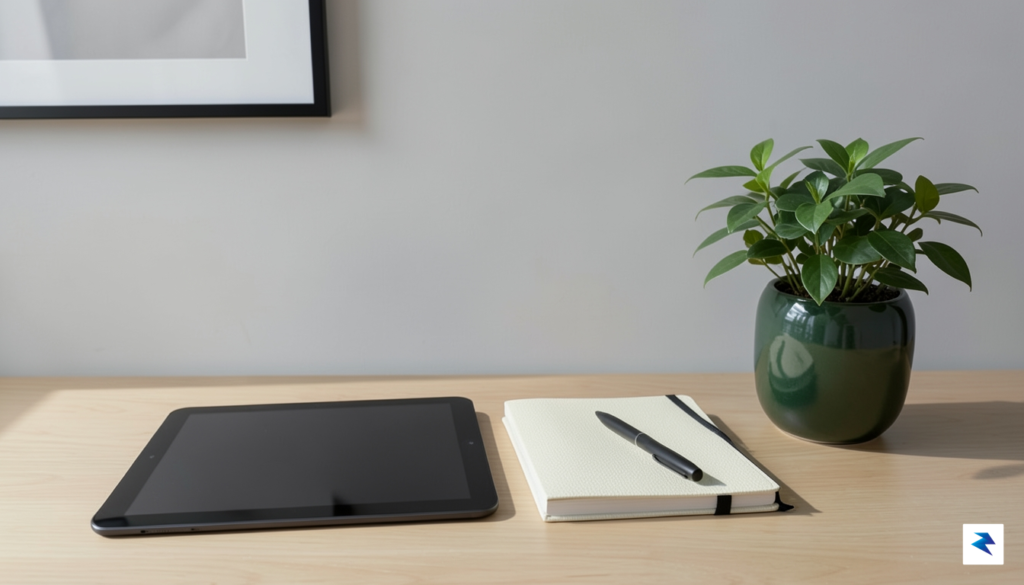 A clean, minimalist workspace featuring a tablet, a notebook, and…