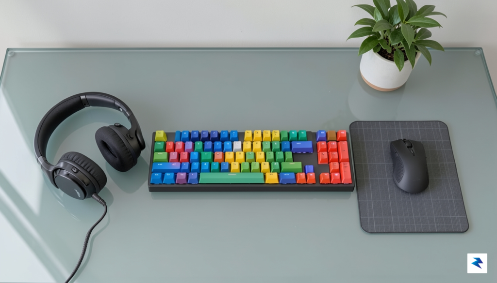 A top-down, high-quality photograph of a clean, organized desk setup…
