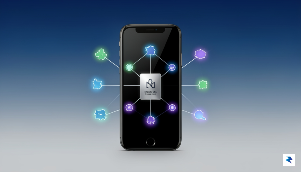 A sleek, professional graphic showing a smartphone displaying a digital…