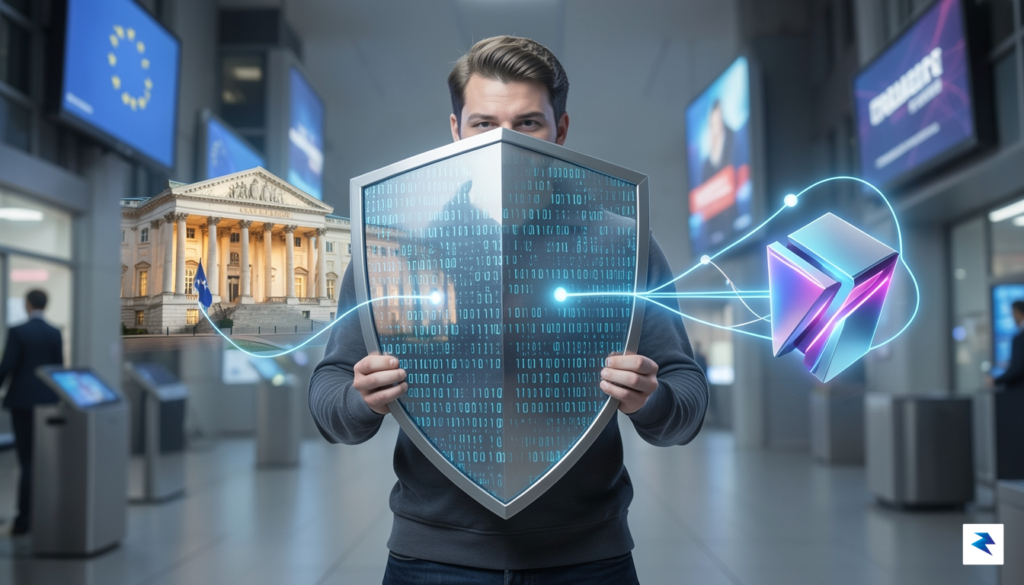 A conceptual illustration showing a digital identity shield held by…