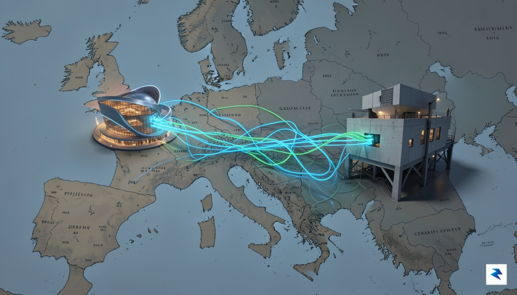 A conceptual digital illustration showing a divided map of Europe…