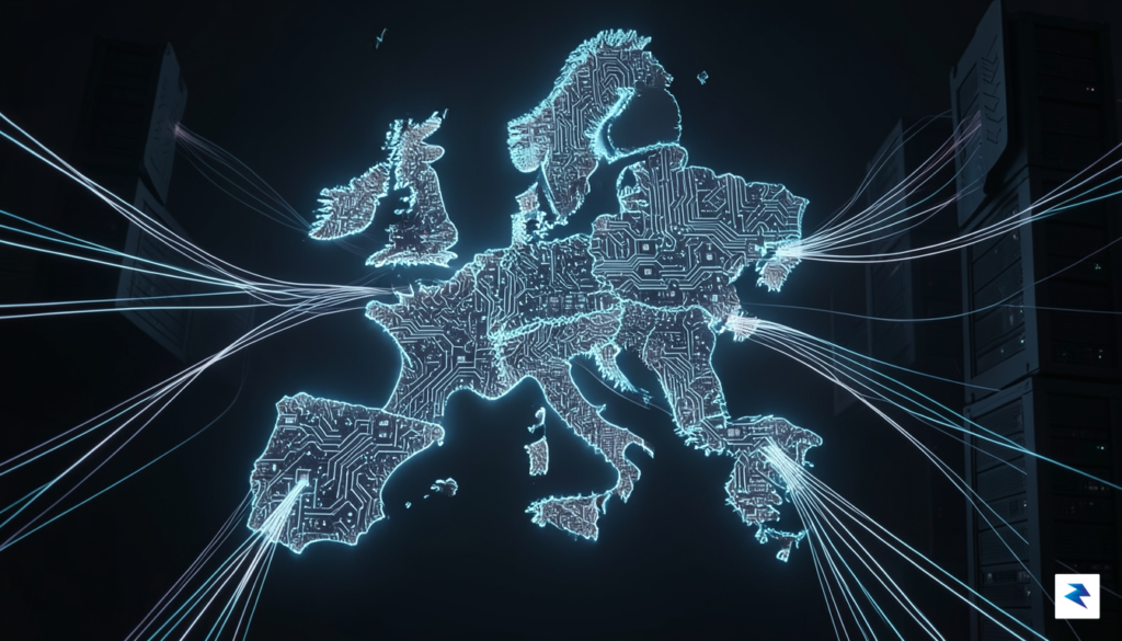A conceptual digital art piece showing a European map constructed…