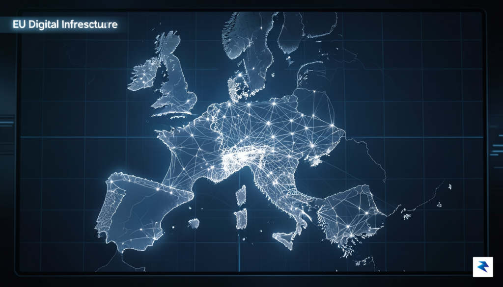 A conceptual digital map of Europe glowing with connected fiber-optic…