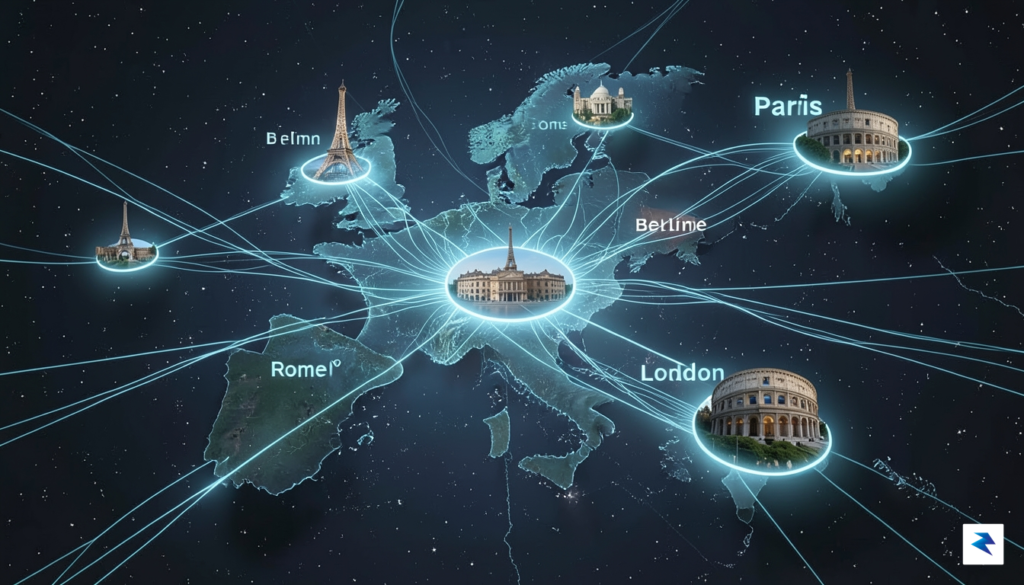 A conceptual digital illustration showing a network of glowing European…