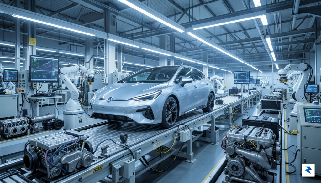 A modern hybrid vehicle displayed on a high-tech assembly line,…
