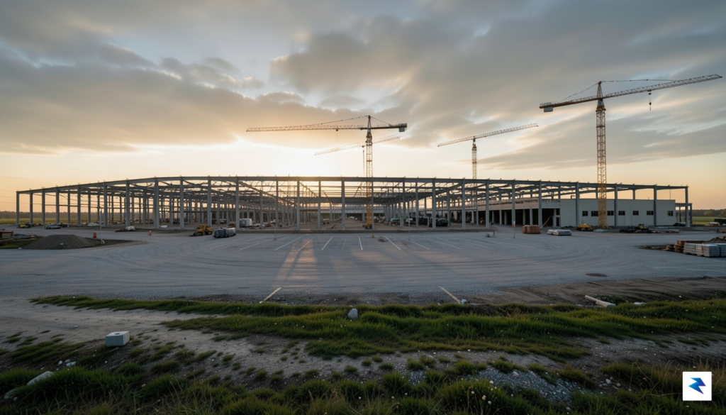 A wide-angle, cinematic shot of a sprawling, partially constructed automotive…