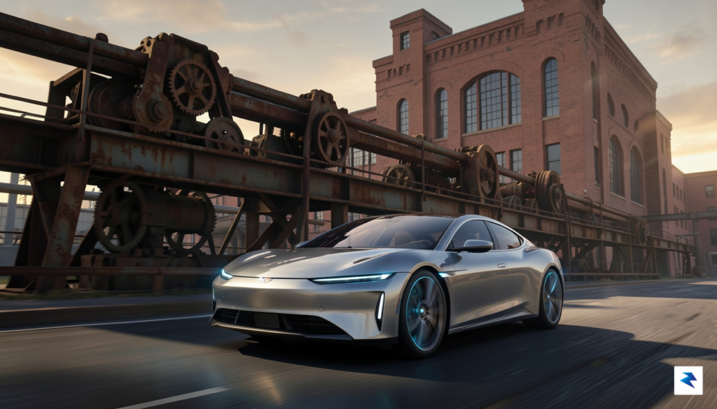 A conceptual digital illustration showing a sleek, futuristic electric car…
