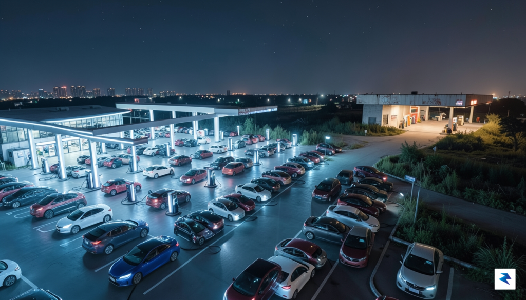 A high-angle, cinematic shot showing a sprawling, futuristic electric vehicle…