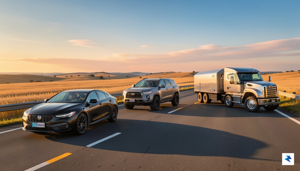 A diverse fleet of modern vehicles including a sleek electric…