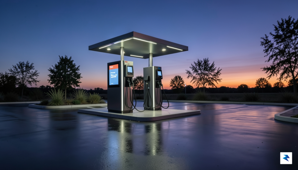 A wide-angle shot of an empty, modern electric vehicle charging&hellip;