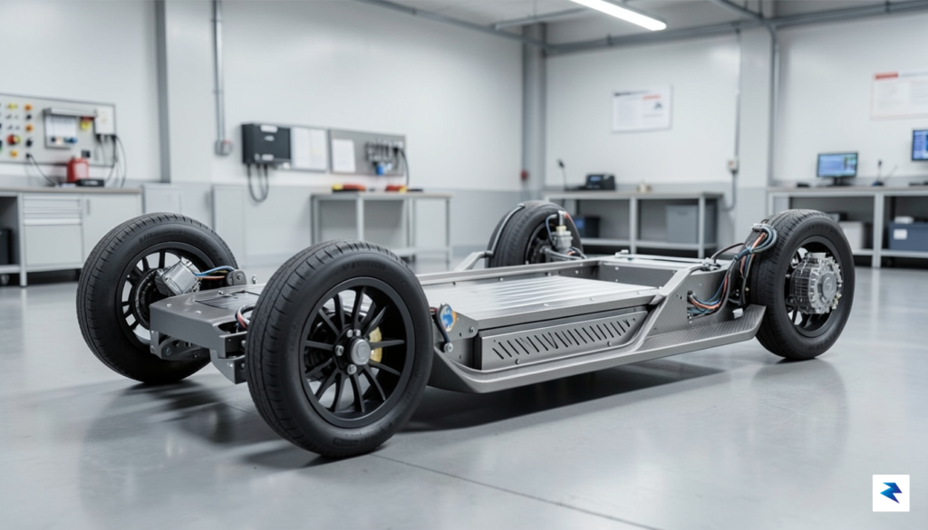 A modern, sleek electric vehicle chassis, often referred to as&hellip;