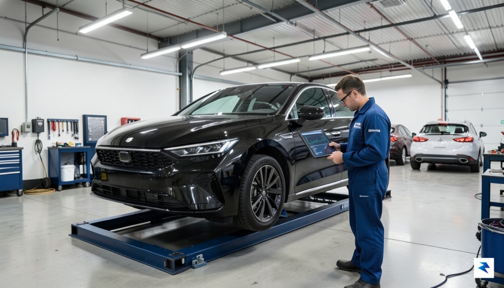 A modern electric car being serviced in a garage, with&hellip;