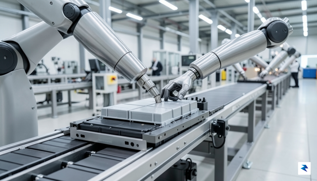 A close-up, high-definition photograph of a modern electric vehicle assembly&hellip;