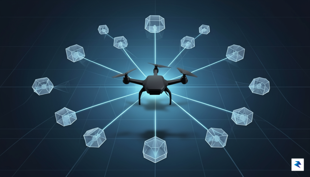 A digital conceptual illustration showing a network of translucent, interconnected…